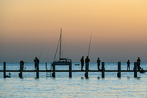 People fishing off a jetty as the sun sets.