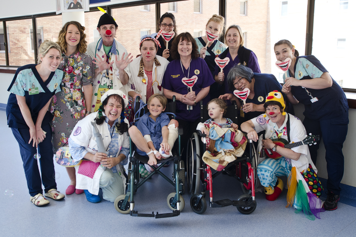 Clown doctors, patients and staff